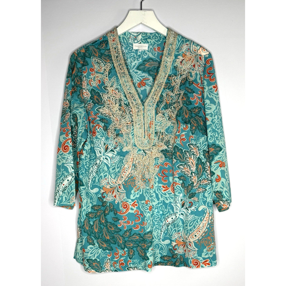 Charter Club Womens XL Embellished Caftan Top Teal Gold Resortwear Beach Coastal